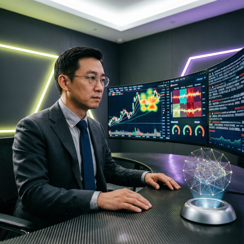 Professional forex trader analyzing multiple screens with AI-powered trading charts