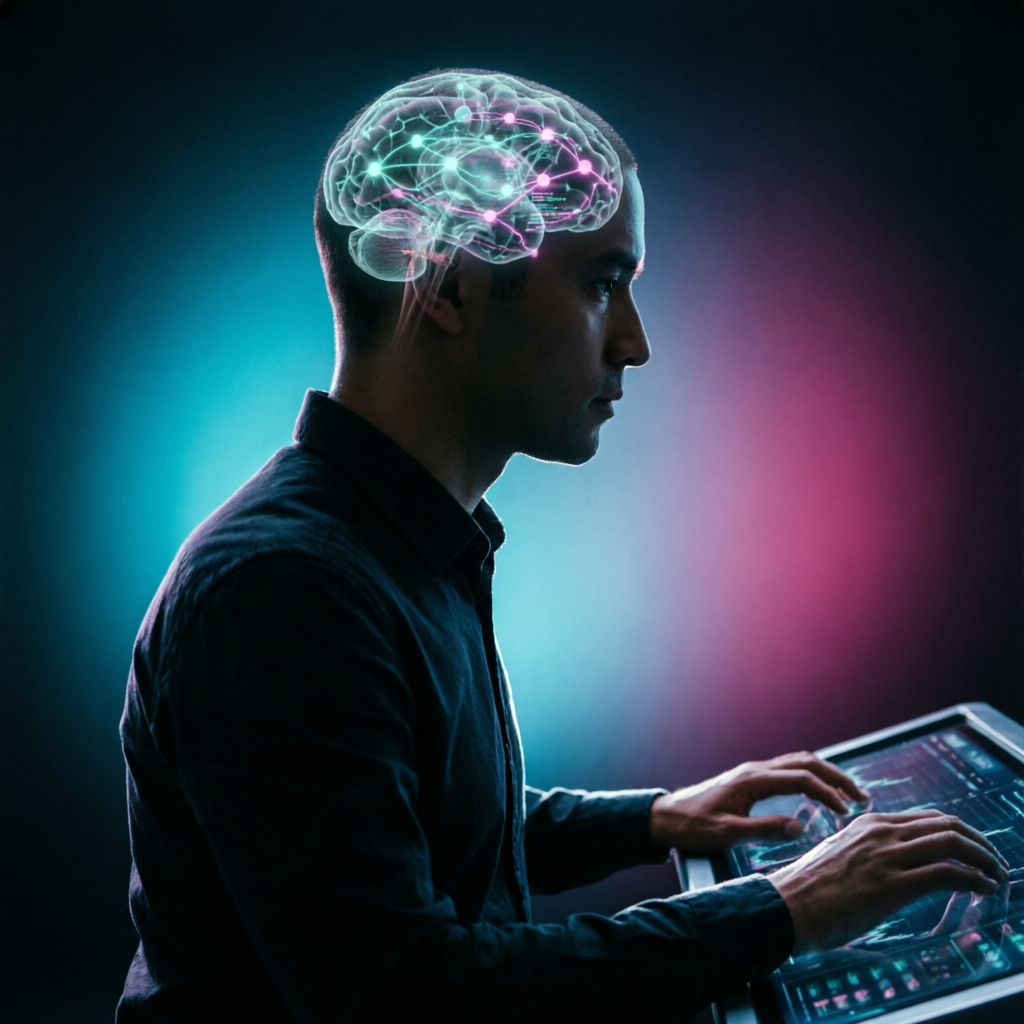 Trading psychology and discipline concept with neural network visualization