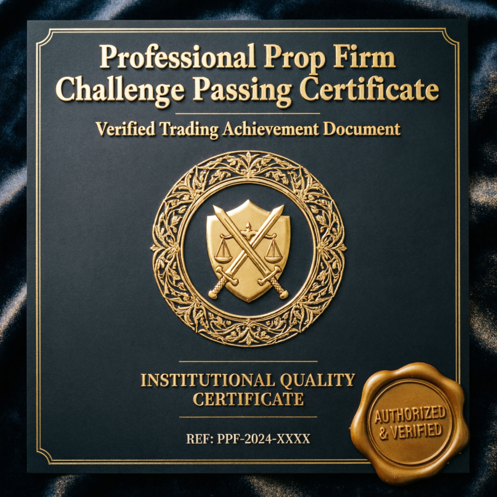 Professional prop firm challenge passing certificate from PFM Capitals