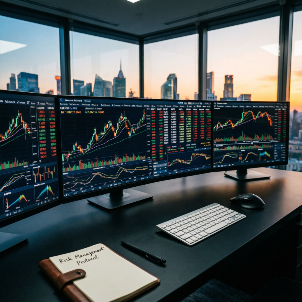 Professional trading desk setup for prop firm passing service by PFM Capitals