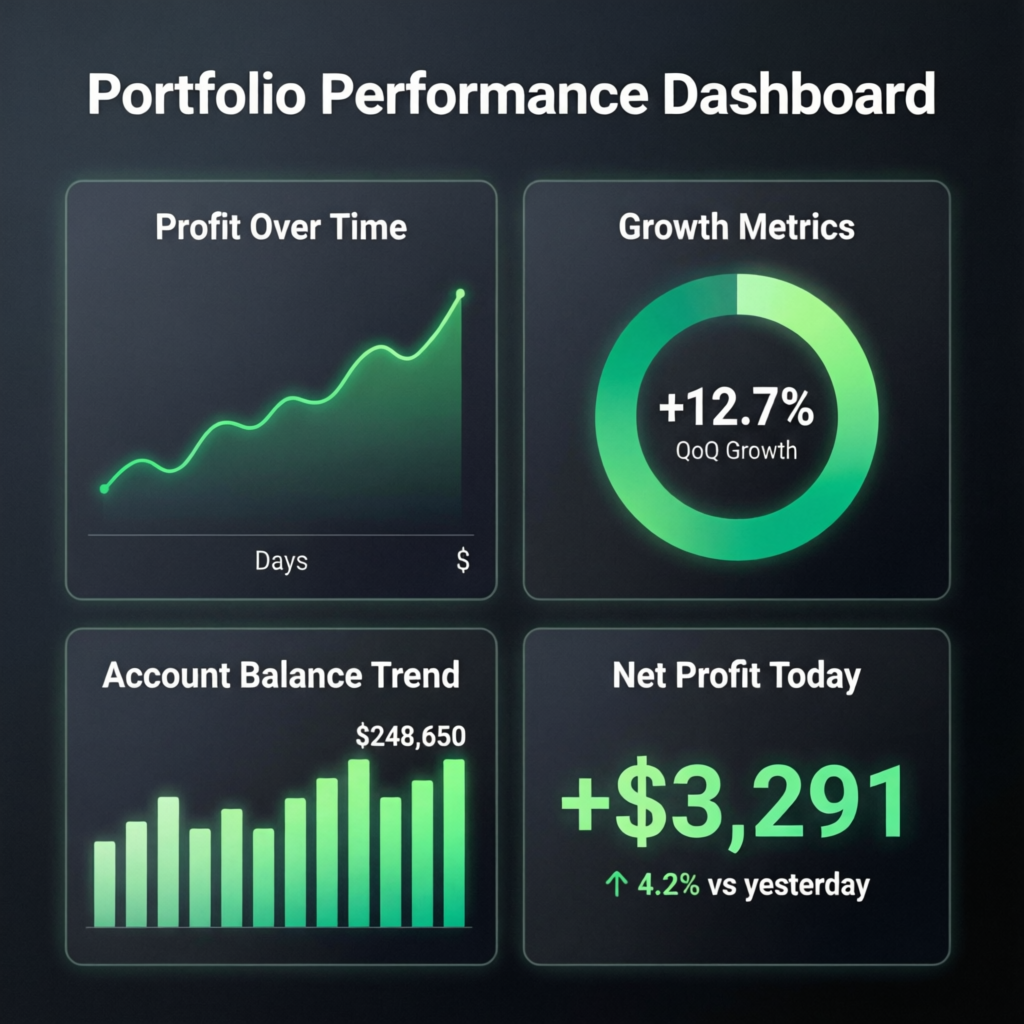 Portfolio performance dashboard showing prop firm challenge passing results