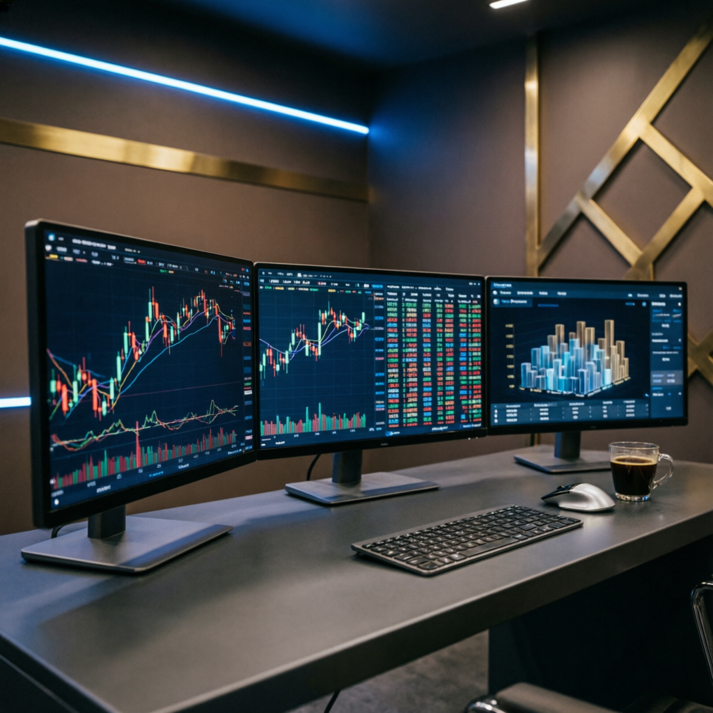Professional trading desk with multiple monitors showing forex charts - PFM Capitals funded traders account management service