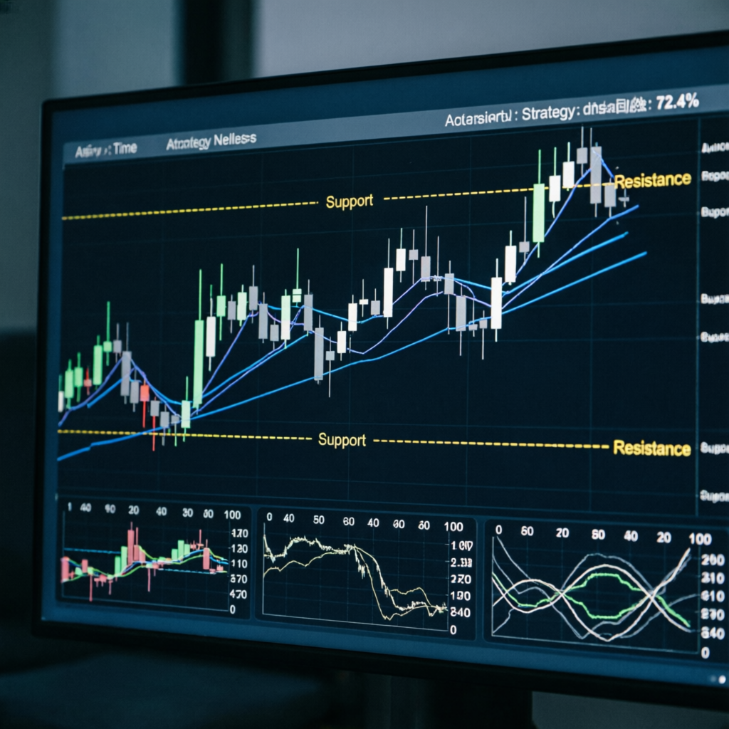 Trading strategy visualization showing candlestick charts with support resistance levels - PFM Capitals funded account management strategies