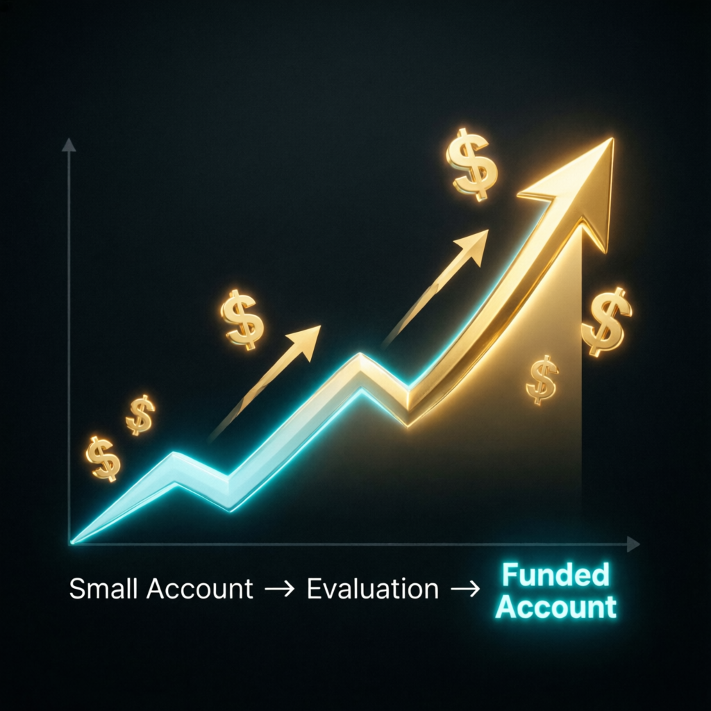 Prop firm funding process showing the journey from small account to funded account - PFM Capitals prop firms passing service