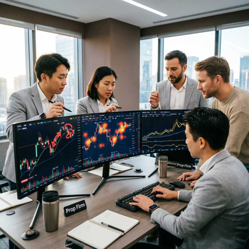 Professional prop trading team analyzing charts together