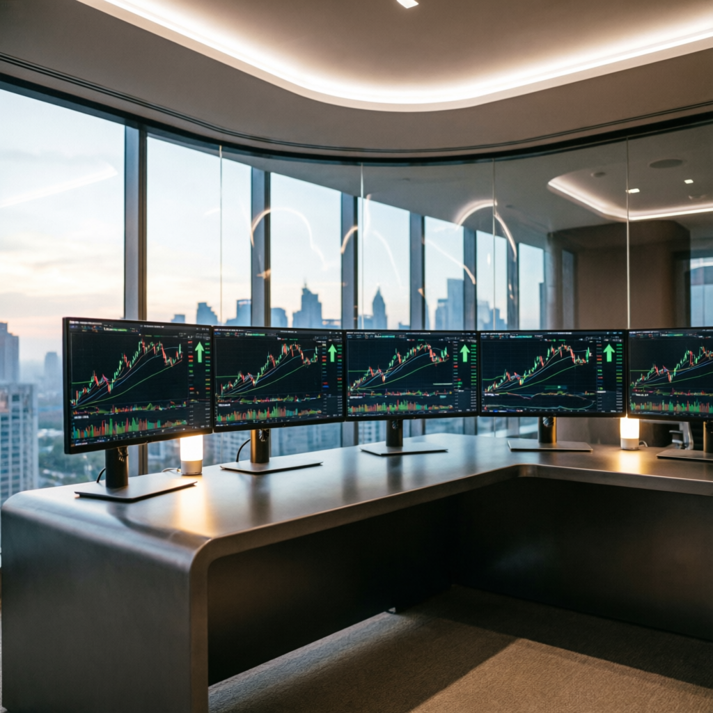 Professional trading setup with multiple monitors showing prop firm trading charts
