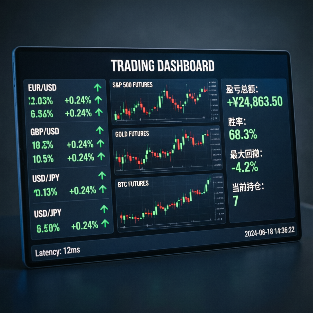 Professional trading dashboard showing futures and forex charts with profit metrics
