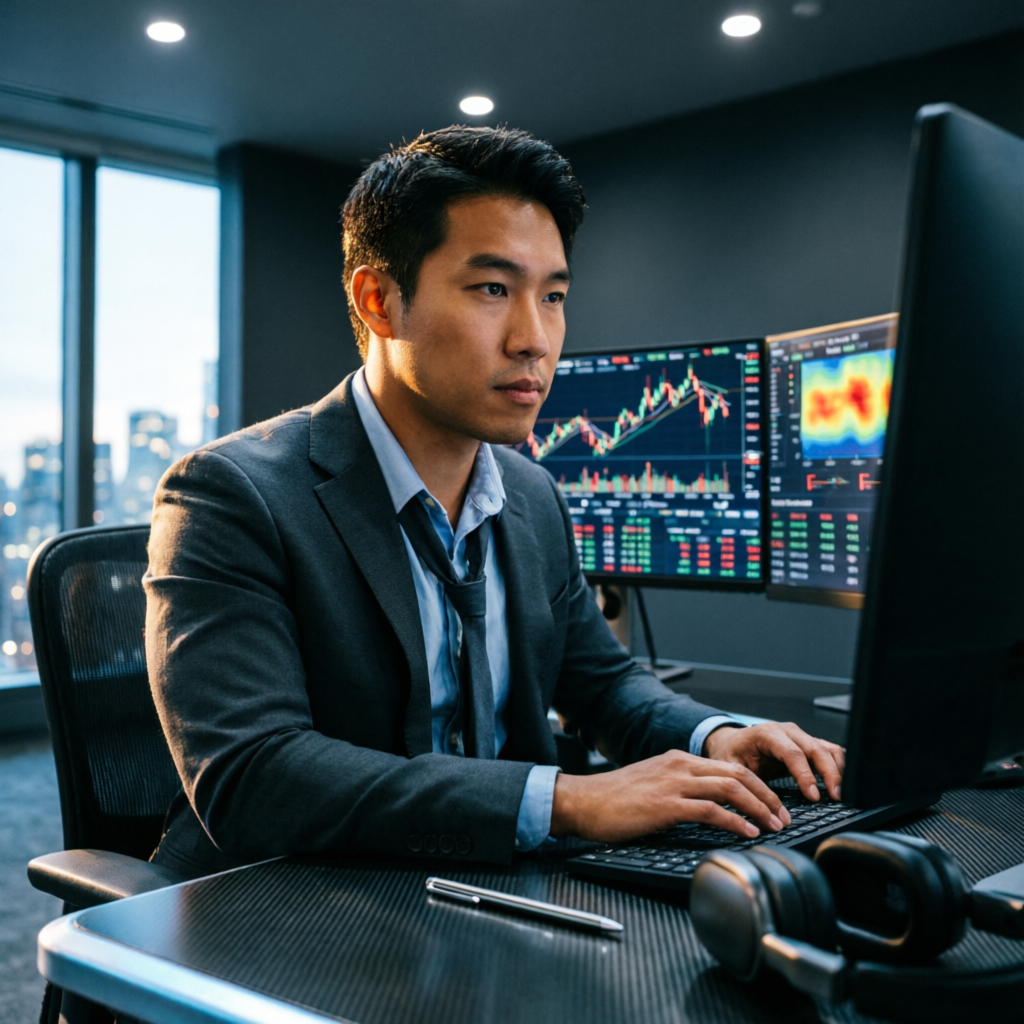 Professional funded trader working on trading platform
