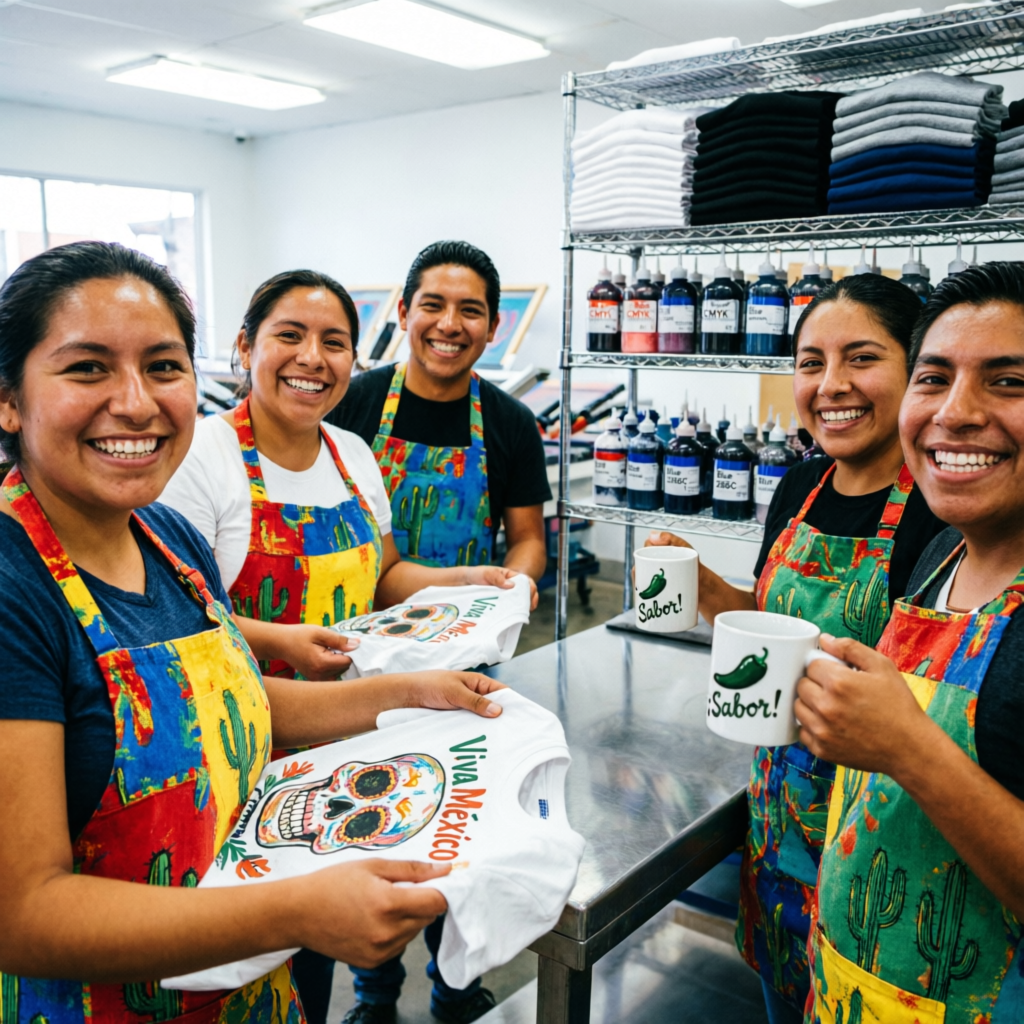 Equipo de EstampaMX mostrando playeras y tazas recién impresas