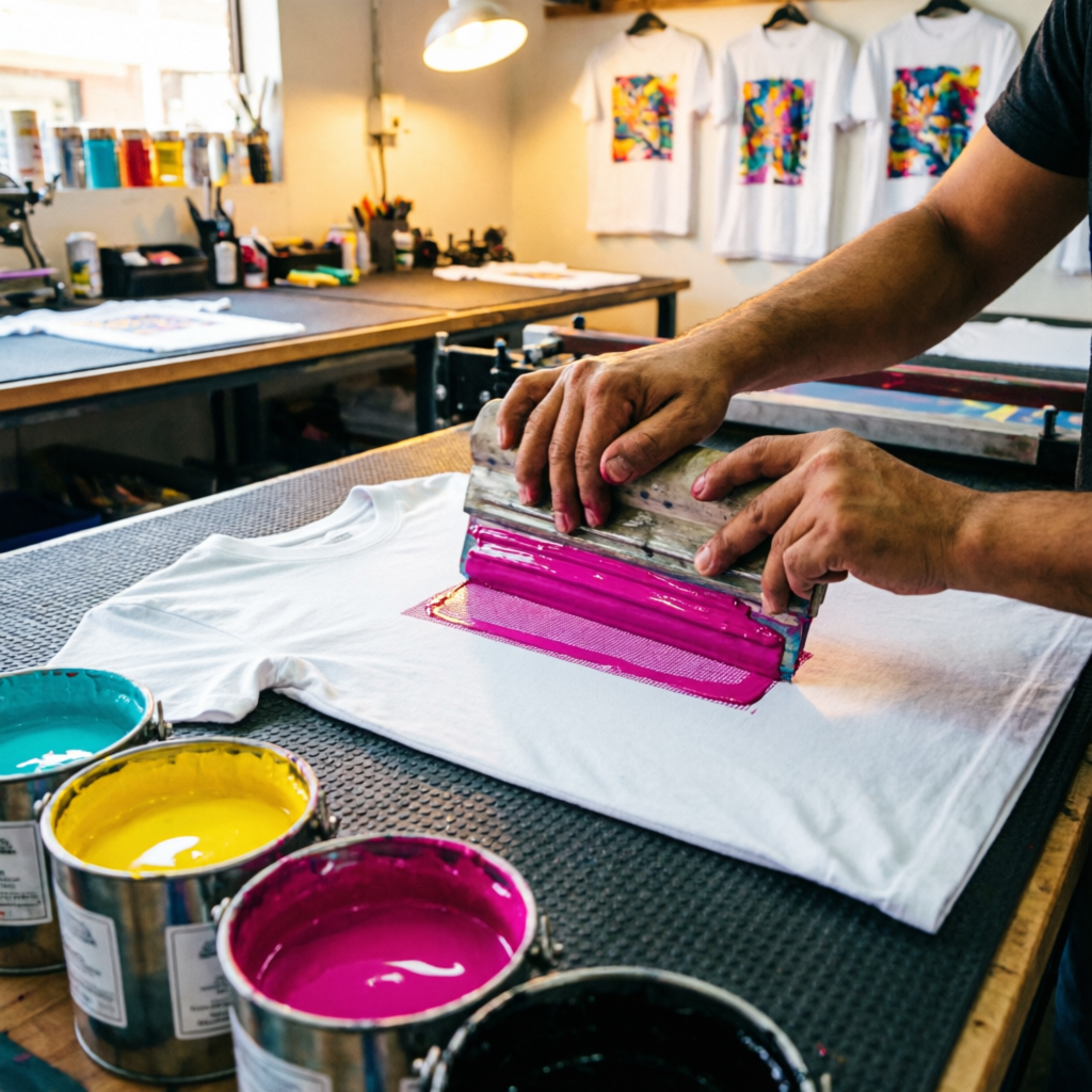 Taller de serigrafía EstampaMX imprimiendo playera con tinta magenta