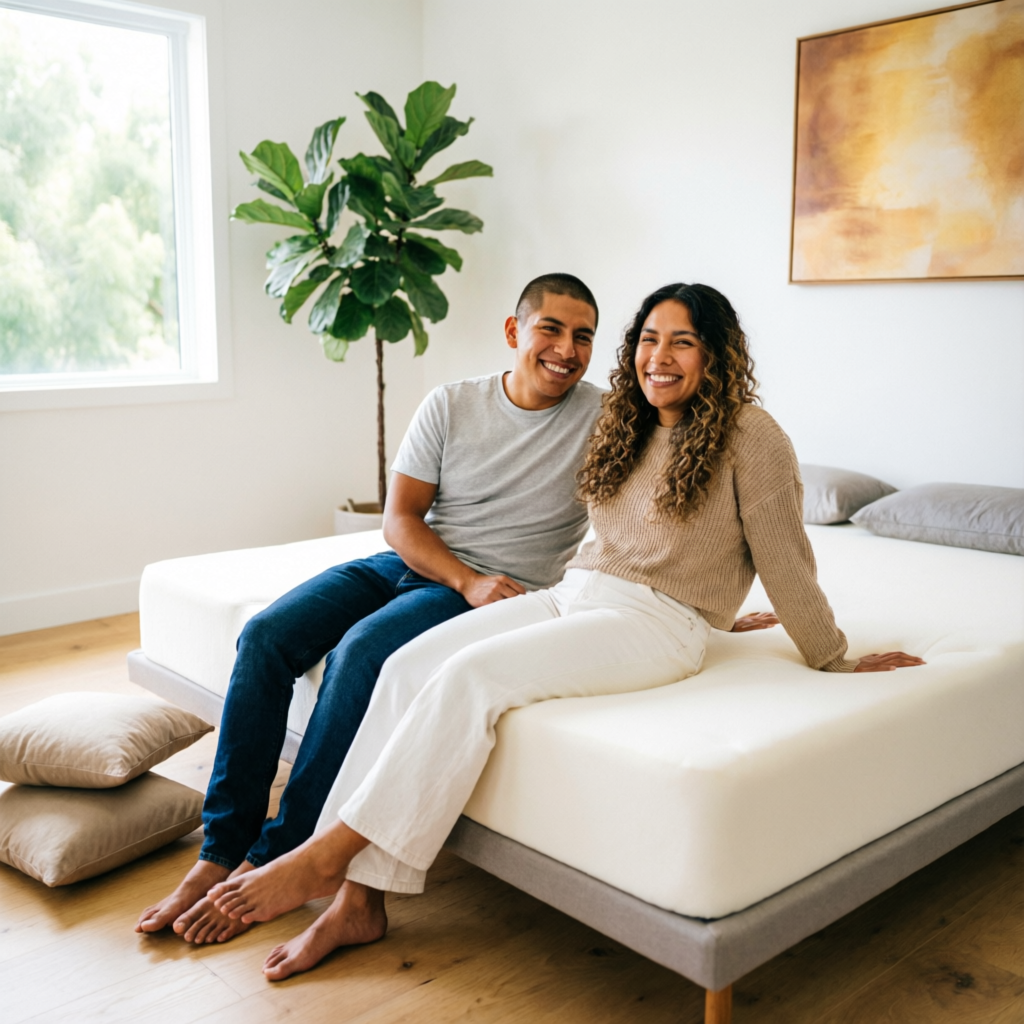 Pareja mexicana feliz disfrutando su nuevo colchón DescansaMX