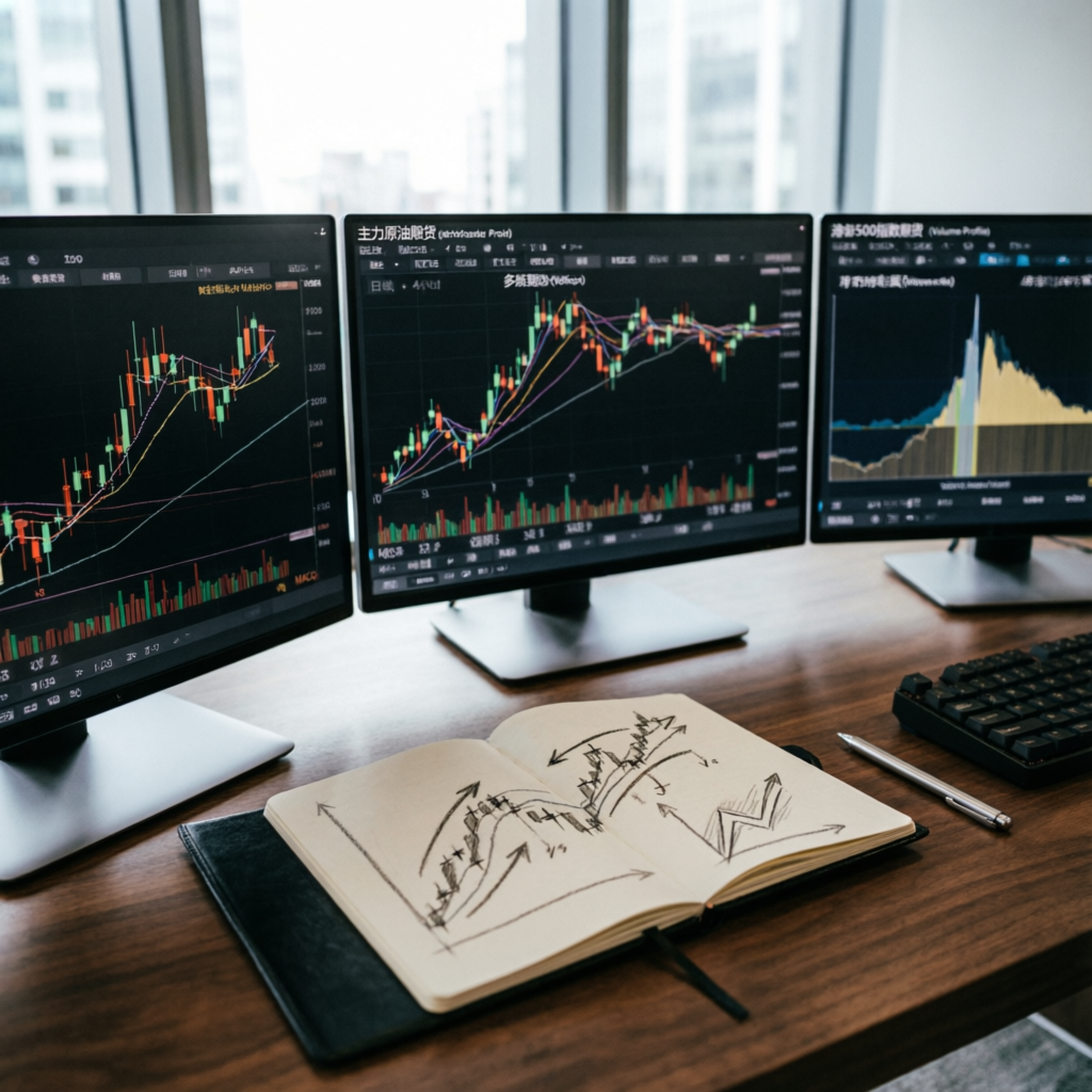 Trading strategy planning with multiple monitors and technical analysis notebook