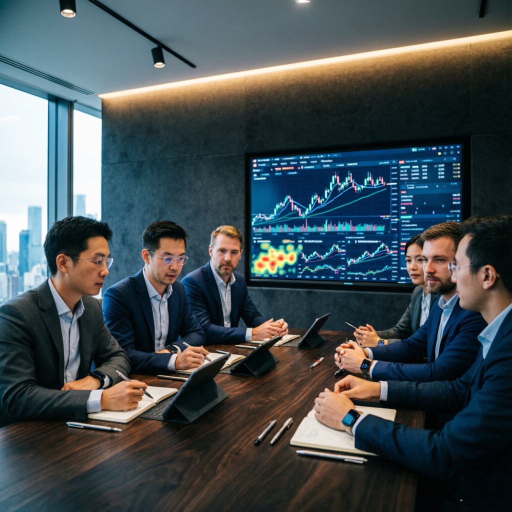 Professional prop trading team analyzing futures trading strategies