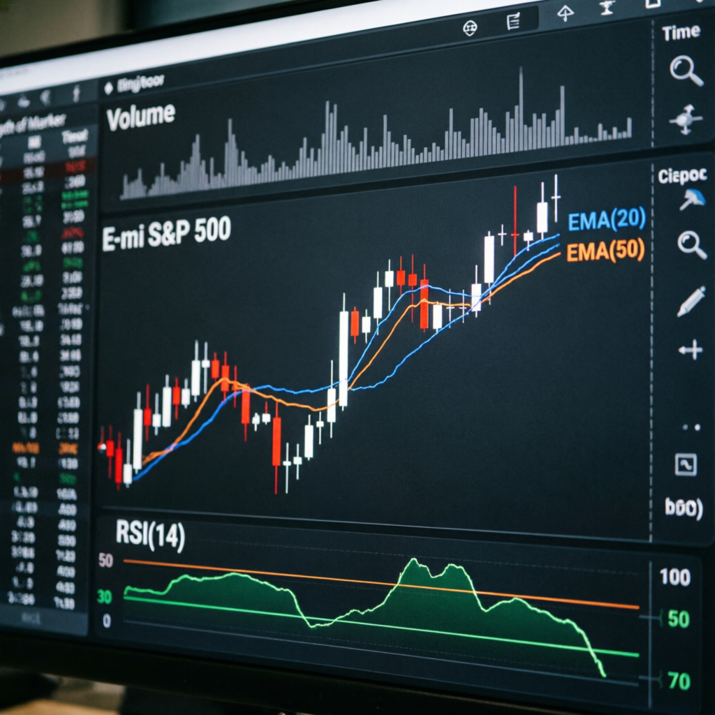 E-mini S&P 500 futures chart with technical indicators on NinjaTrader platform