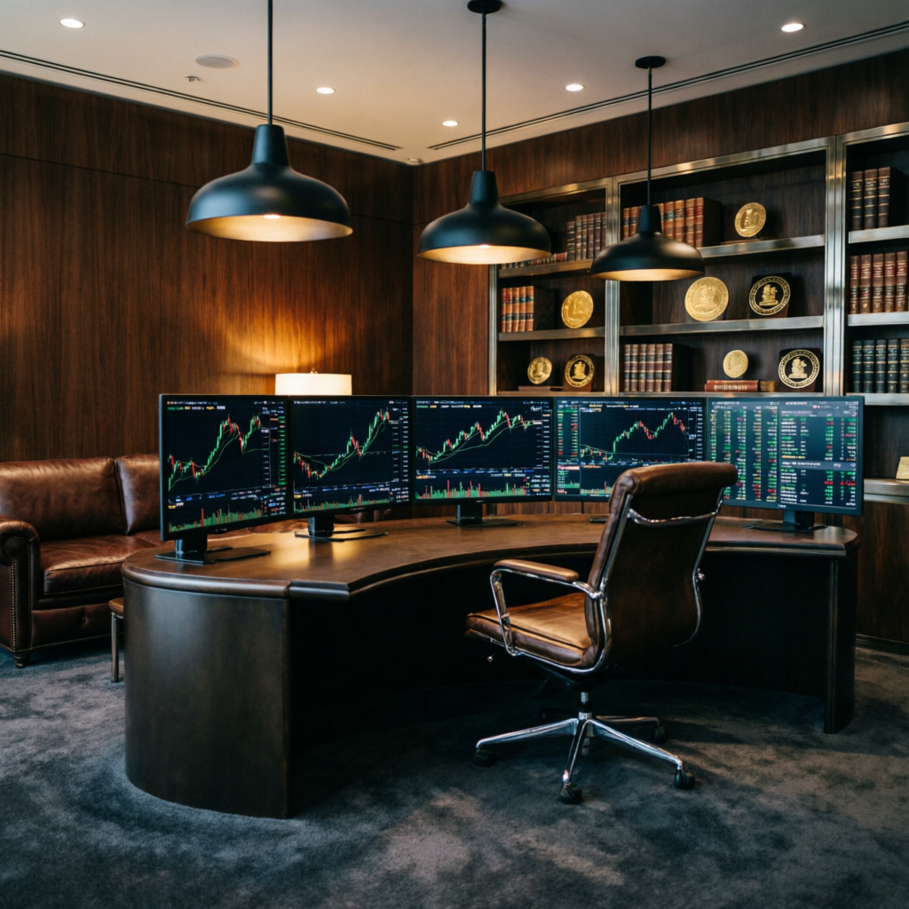 Luxury Wall Street style trading office with multiple monitors
