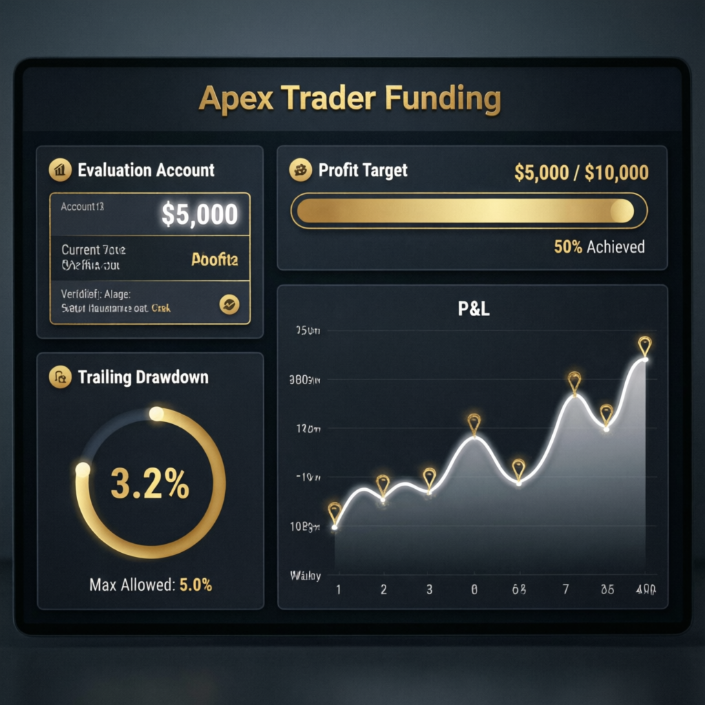 Apex Trader Funding evaluation account dashboard showing profit target and trailing drawdown