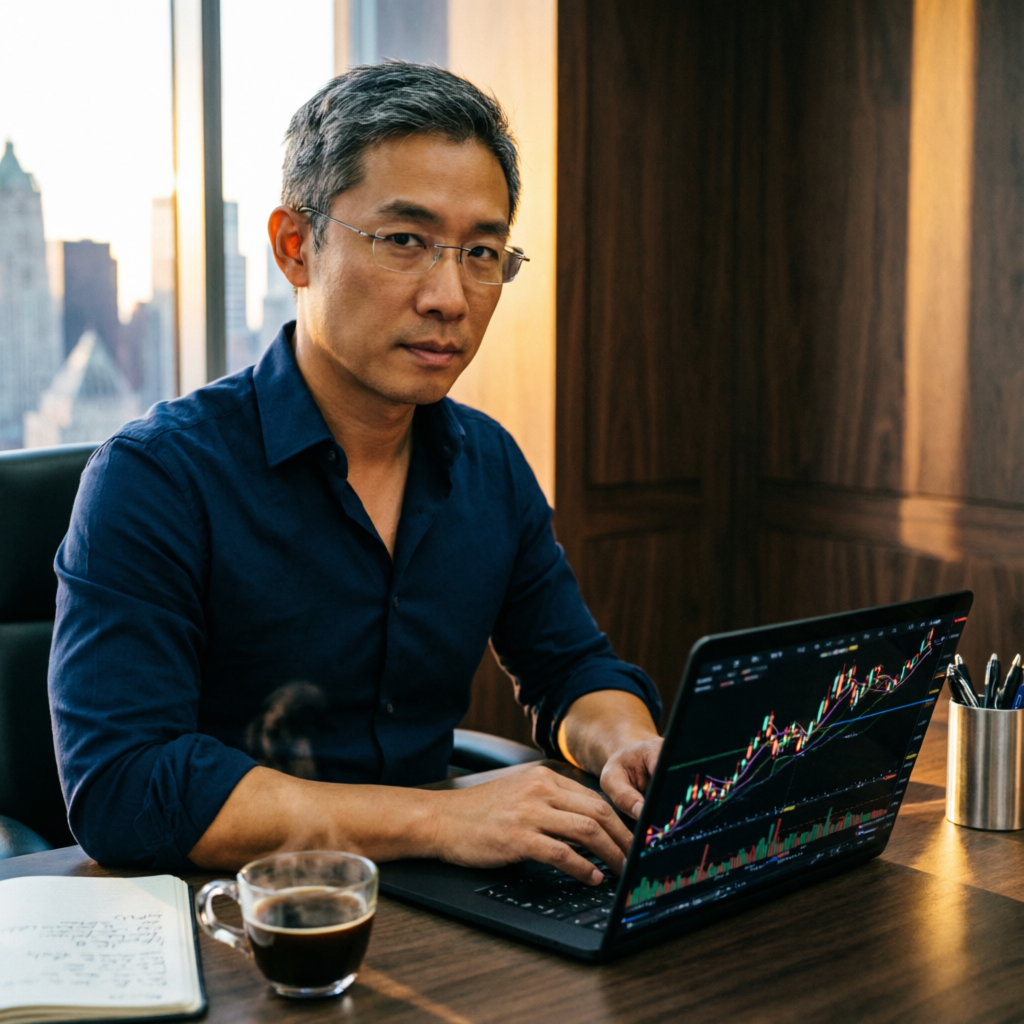 Professional forex trader analyzing Apex Trader Funding charts on laptop
