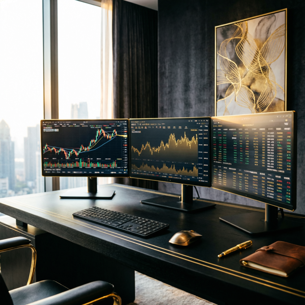 Professional trader workspace with multiple monitors showing Apex Trader Funding accounts
