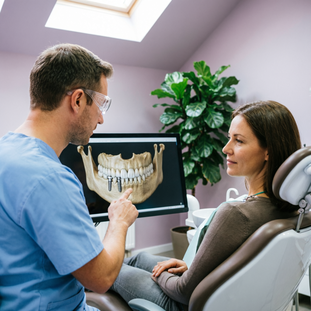 Стоматолог показывает пациенту 3D-модель челюсти с имплантами
