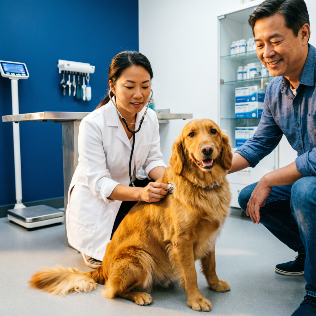 Starbreeds pet clinic veterinarian examining a happy golden retriever with pet owner in Visakhapatnam