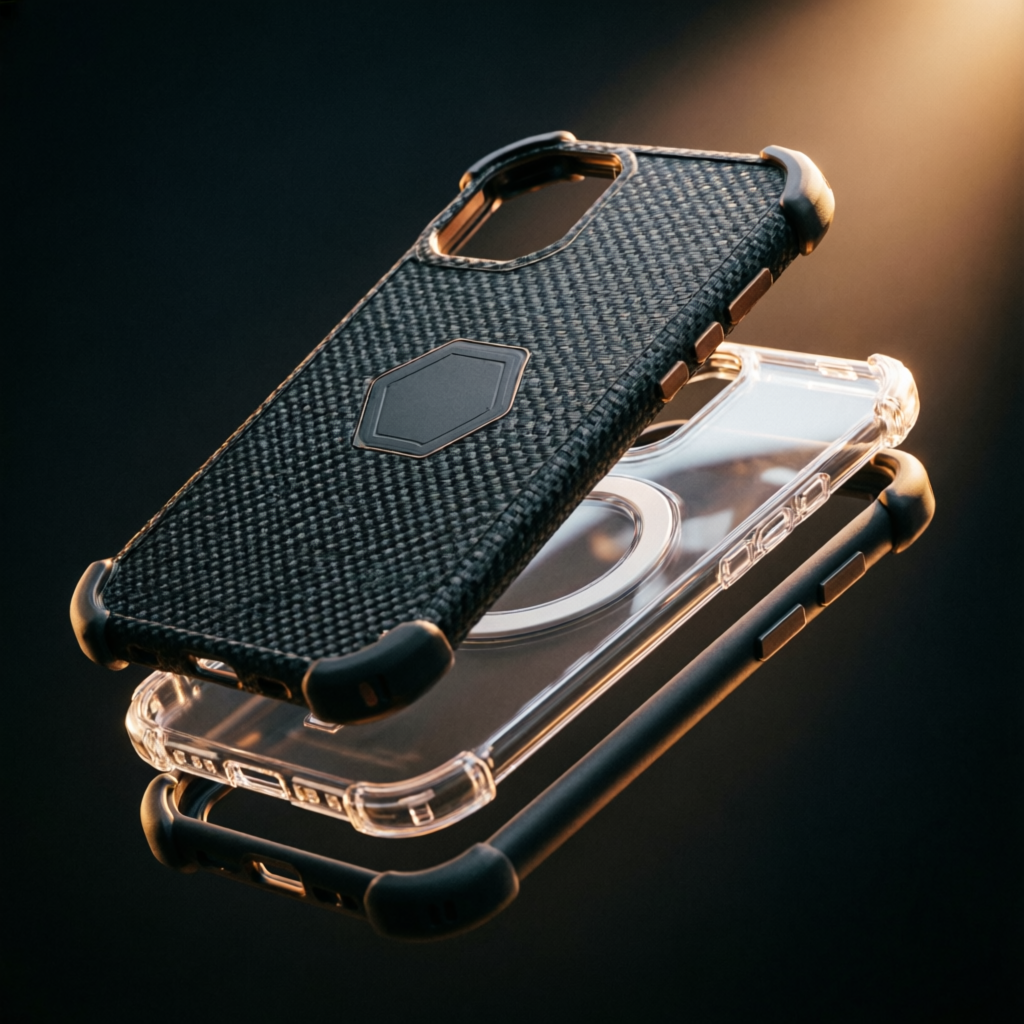 Многослойная конструкция чехла UAG Fibr Armr Kevlar: кевларовая панель с гексагоном MagSafe, поликарбонат и TPU-бампер