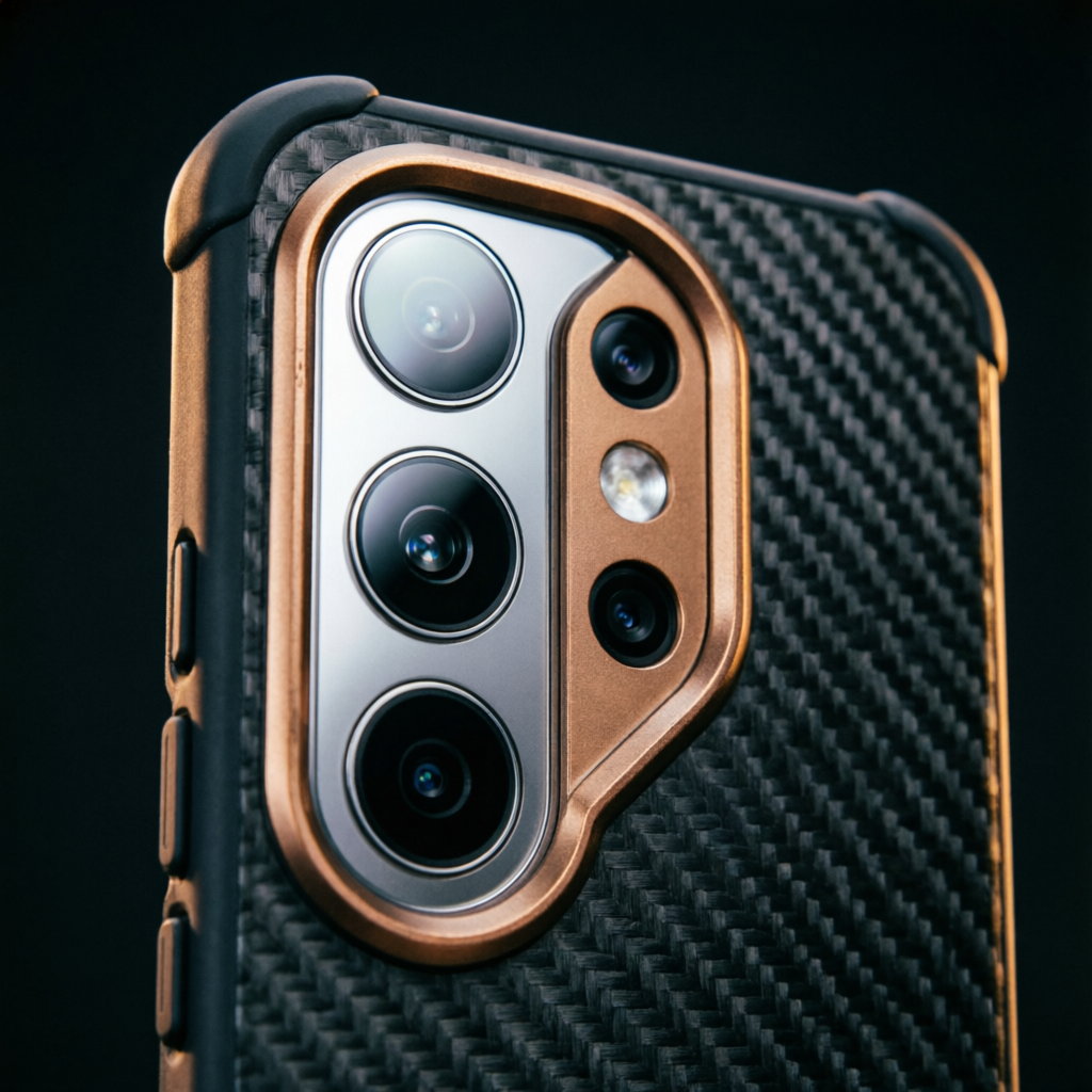 Бронзовая рамка камеры чехла UAG Fibr Armr Kevlar для Samsung Galaxy S26 Ultra: серебряная пластина с тремя объективами и боковой блок с вспышкой