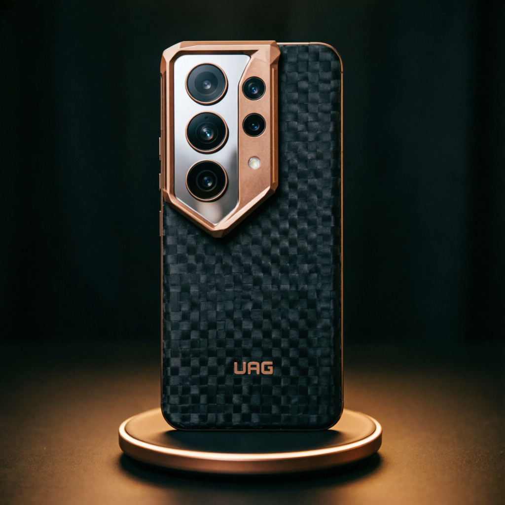 Samsung Galaxy S26 Ultra в тонком чехле UAG Fibr Armr Kevlar с бронзовой рамкой камеры на беспроводной зарядке MagSafe