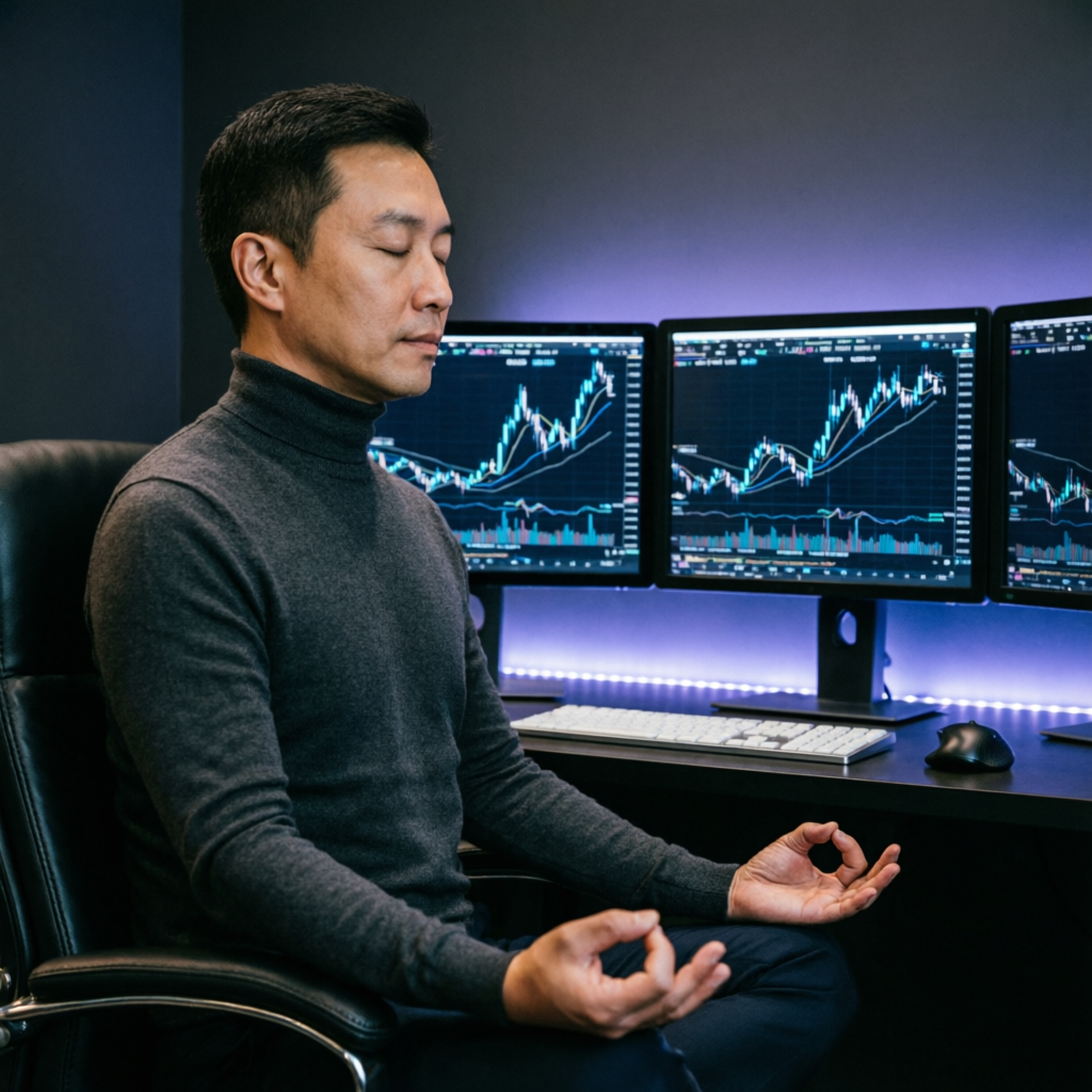 Trading psychology concept showing calm disciplined trader meditating with multiple chart monitors