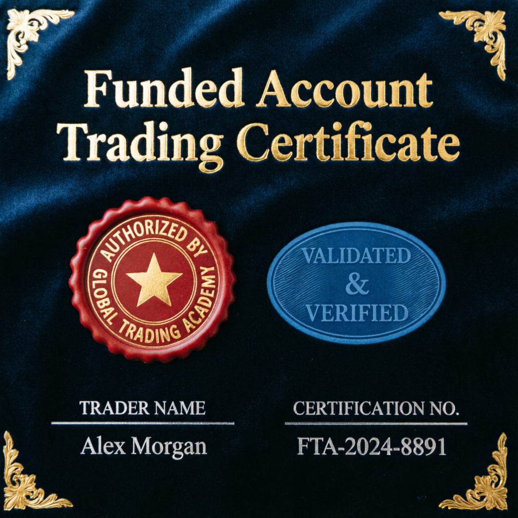 Funded account trading certificate with professional seals demonstrating verified trading credentials