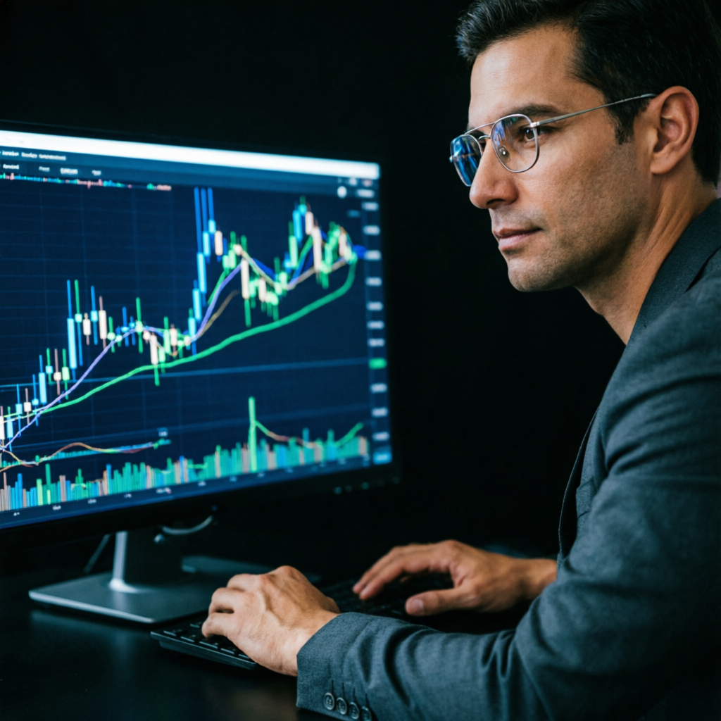 Professional trader analyzing forex charts on computer screen for funded account management