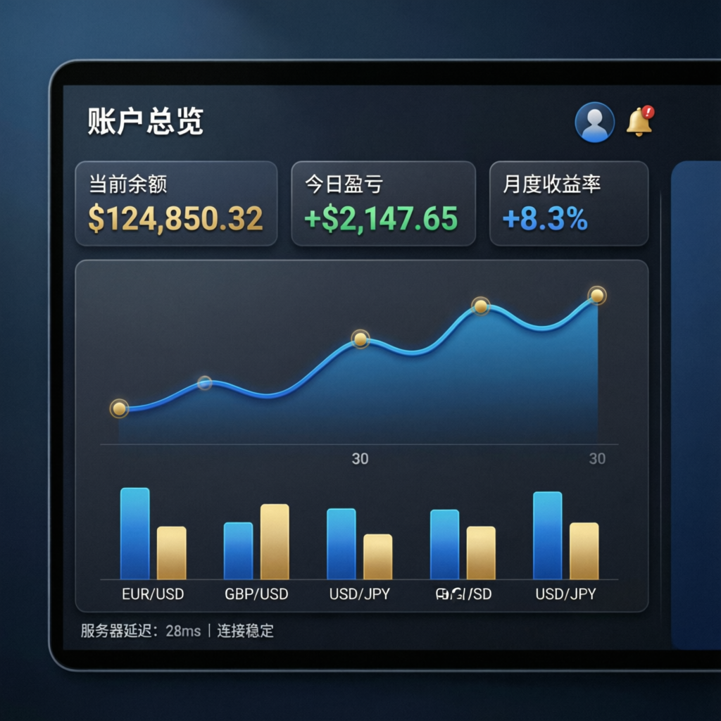 Forex account management dashboard showing portfolio growth and trading performance