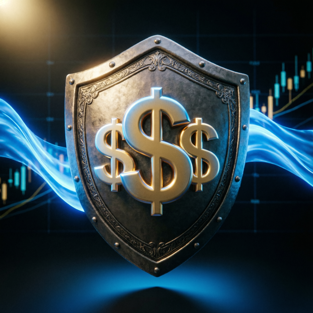 Risk management concept with shield protecting financial assets in forex trading