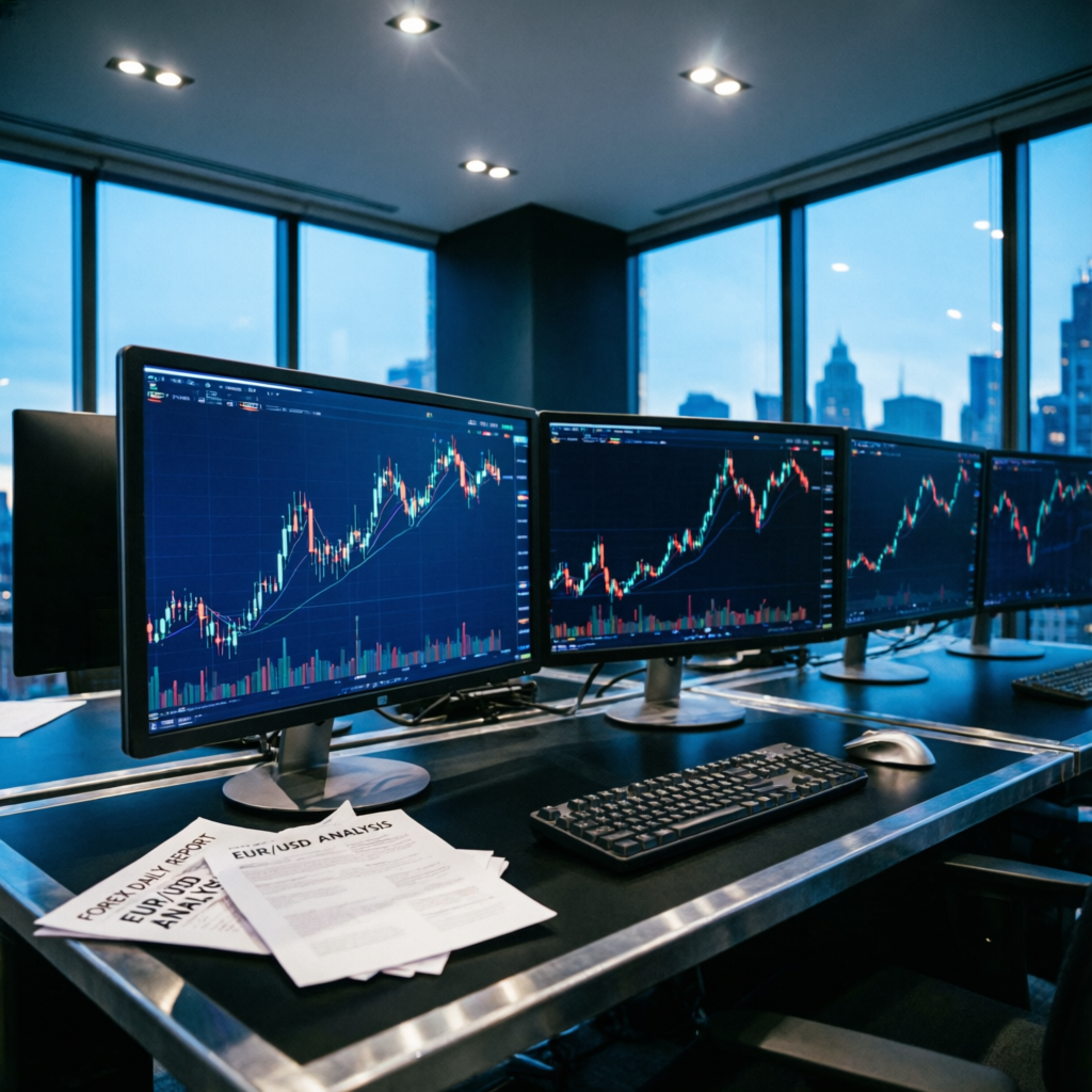 Professional forex trading desk with multiple monitors showing candlestick charts - PFM Capitals trading environment
