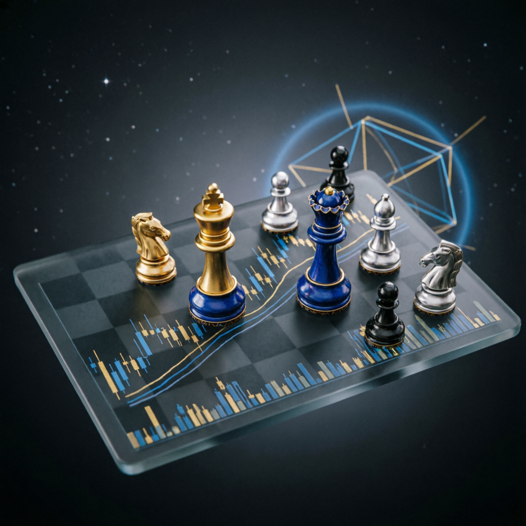 Strategic chess pieces on trading chart board representing prop firm challenge strategy