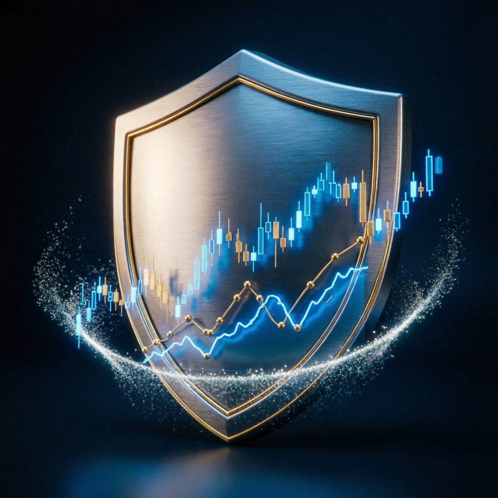 Risk management shield protecting forex trading charts for Prop Firm Gurus