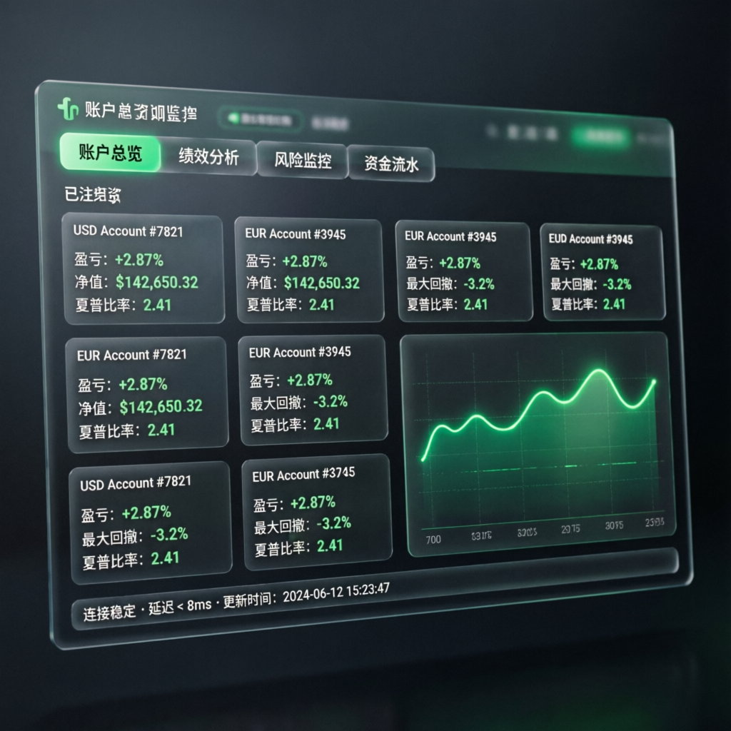 Professional funded account management dashboard showing multiple accounts performance