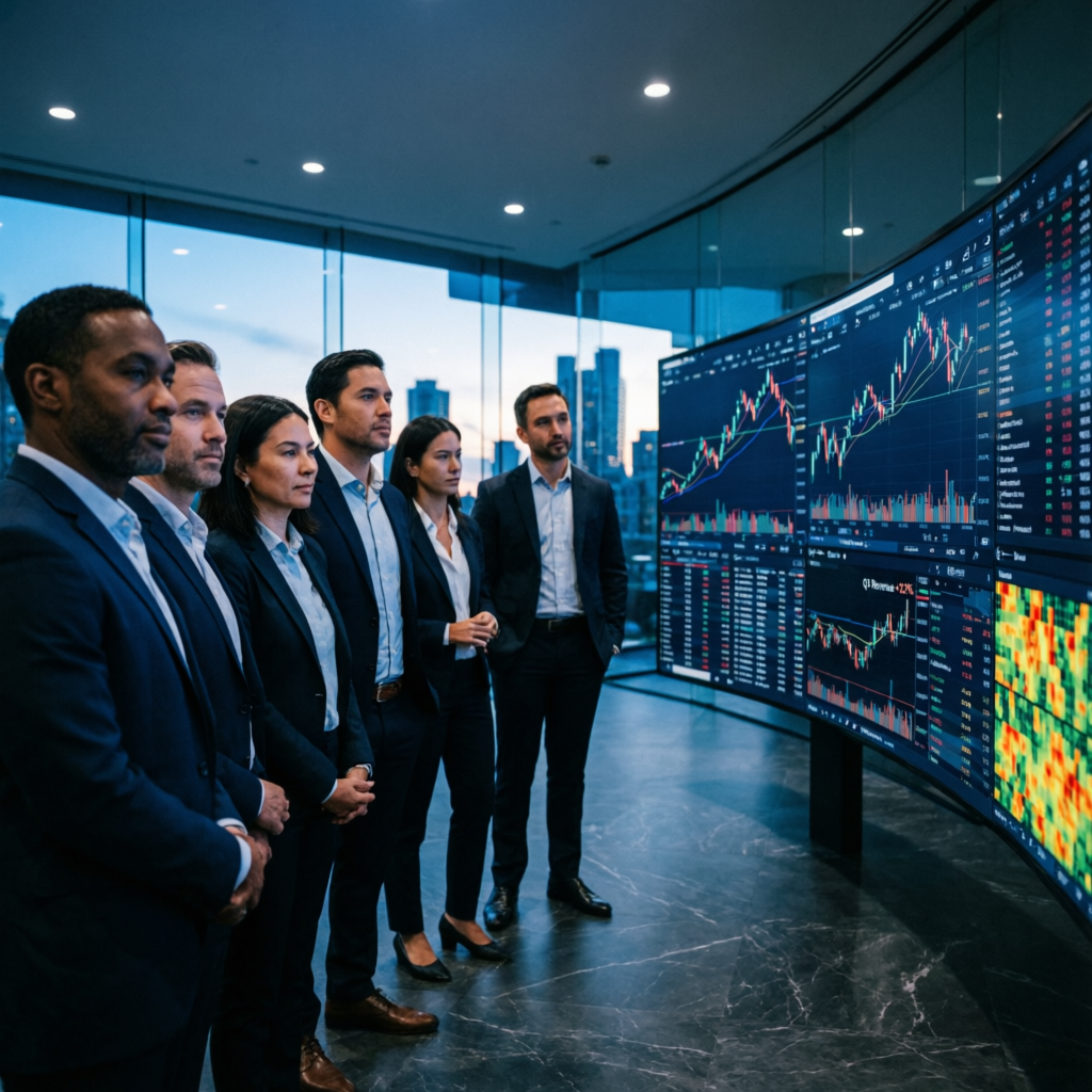 Professional trading team analyzing forex markets for prop firm challenge passing