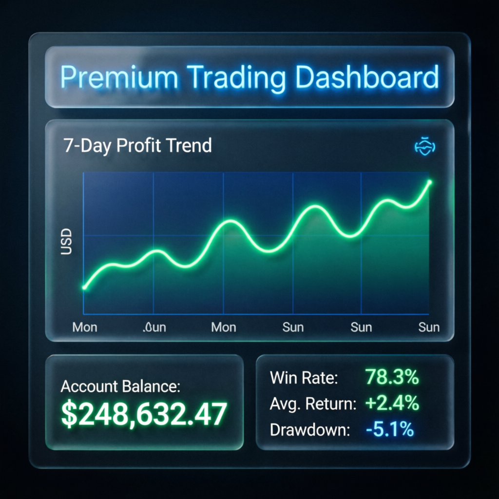 Premium Trading Dashboard showing profit metrics and account performance for URFX Management Service