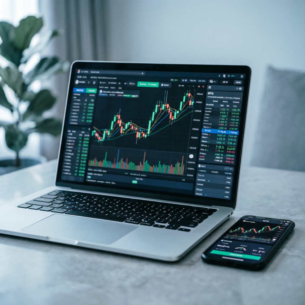 Modern forex trading platform on laptop and smartphone for prop firm management