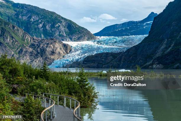 Mendenhall Glacier near Juneau framed by forest, a calm lake, and a walking trail, a low-cost Alaska cruise stop for couples.
