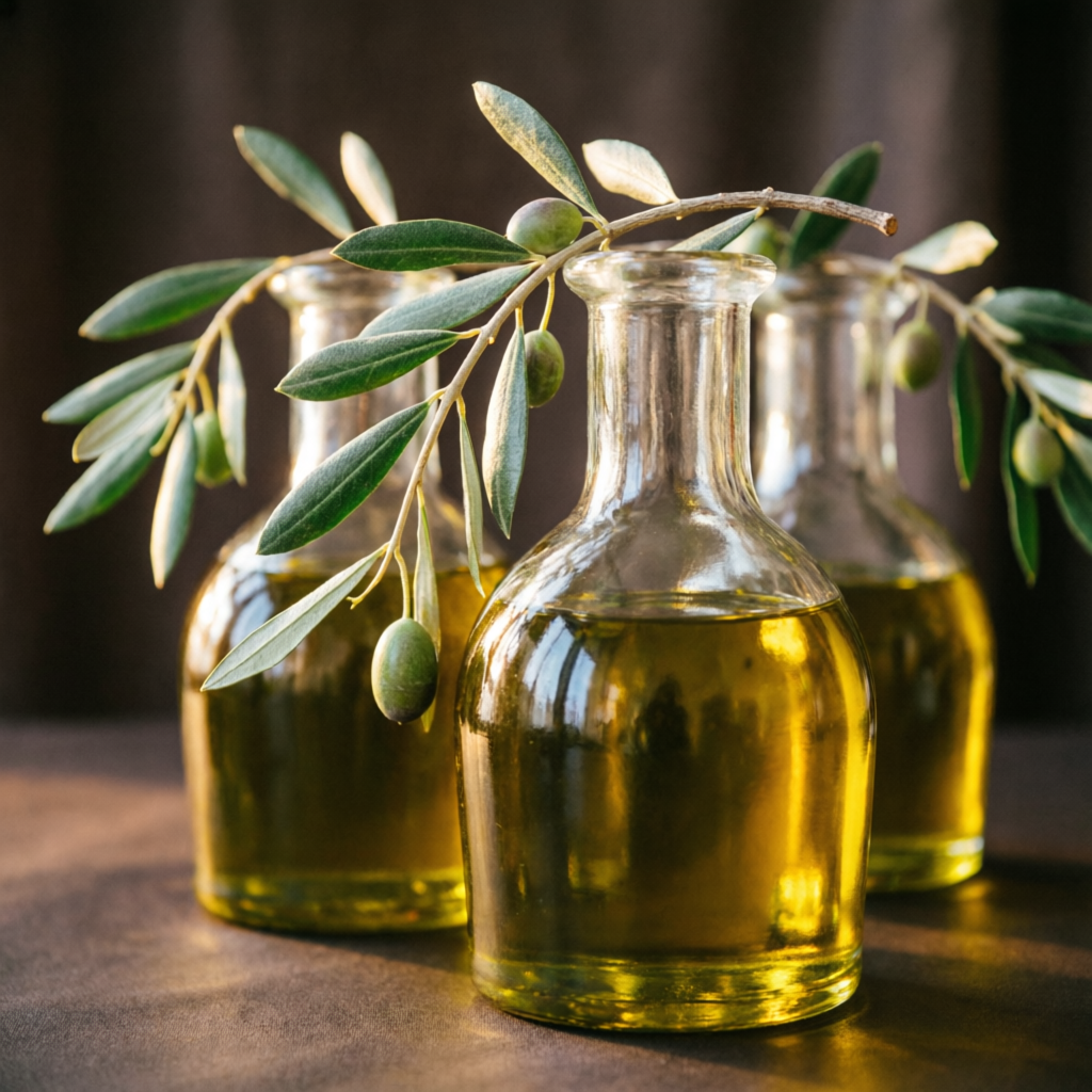 Bouteilles d'huile d'olive et branche d'olivier