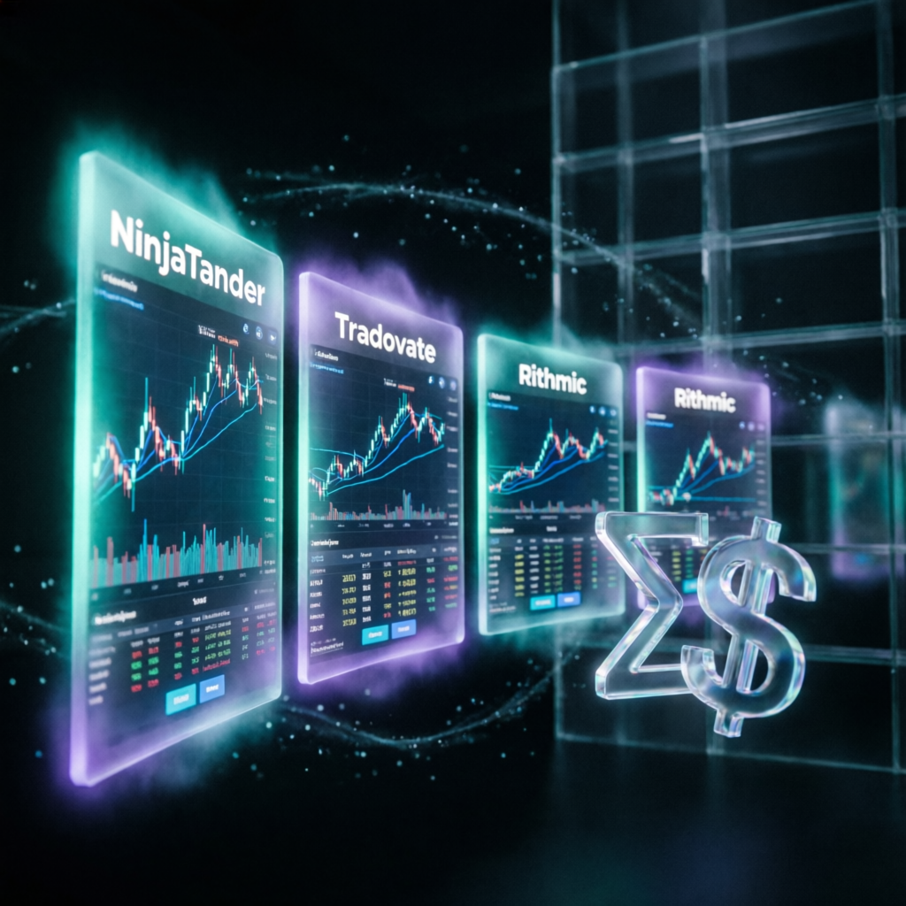 NinjaTrader Tradovate and Rithmic trading platforms displayed on holographic screens