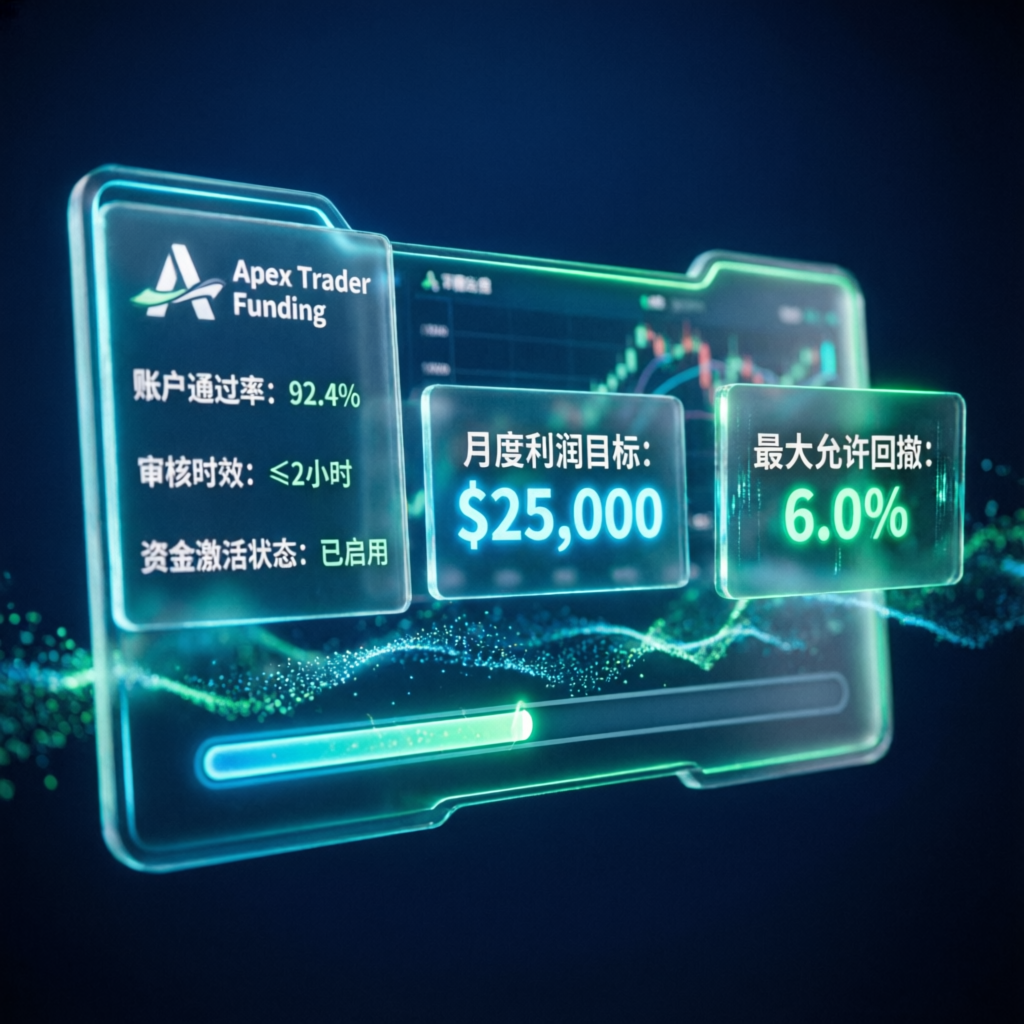 Apex Trader Funding evaluation dashboard showing pass rate, profit target and drawdown metrics