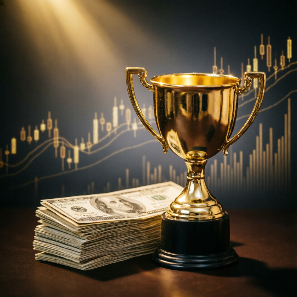 Gold trophy representing trading success and funded account achievement