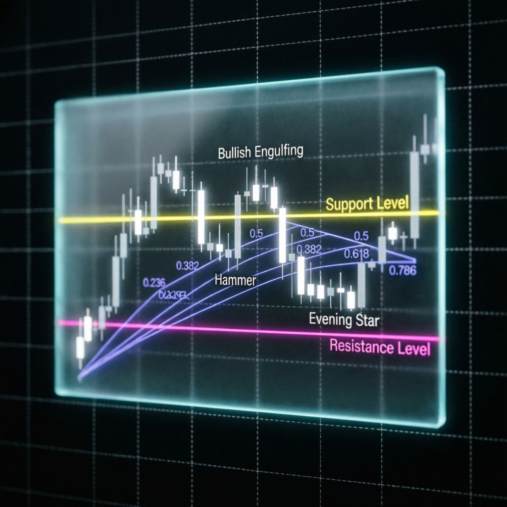 Trading strategy blueprint with candlestick patterns and Fibonacci levels