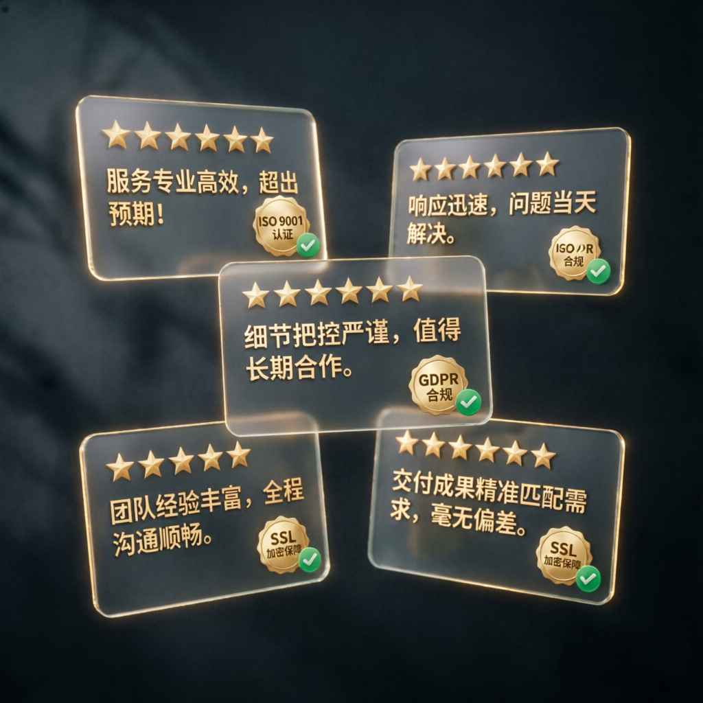 Five star reviews and trust badges from verified clients