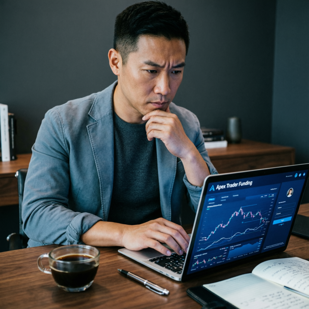 Trader logging into Apex Trader Funding dashboard on laptop