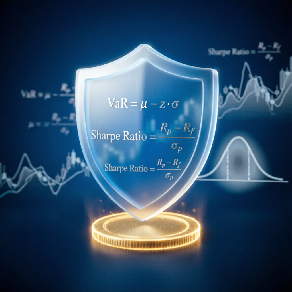 Risk management shield protecting trading capital with financial formulas