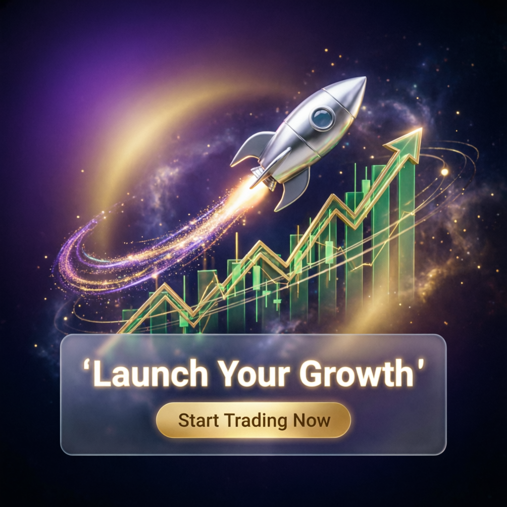 Rocket launching through financial charts representing trading growth