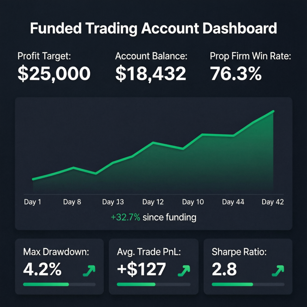 Funded trading account dashboard showing profit targets and performance metrics